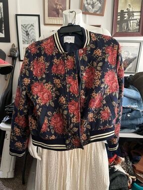 J.O.A. Navy Bomber Jacket with Red Floral Print